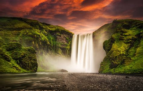 Desktop Hintergrundbilder Island Skogafoss Berg Natur Wasserfall