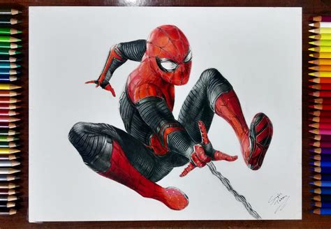 At first this seems like just a darker version of the first stark suit, but if you look at the details, there are. Just finished Spider-man Far from home Drawing with ...