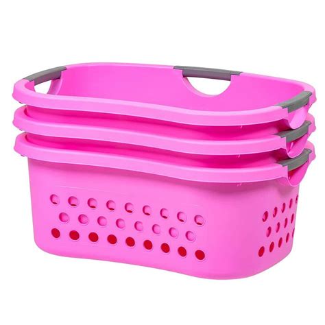 Pink Plastic Laundry Basket With Cut Out Handles 48l 3 Pack Laundry