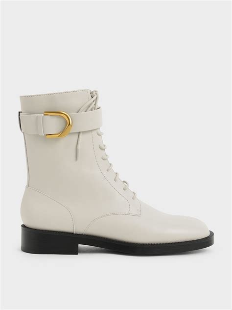 Chalk Gabine Leather Lace Up Ankle Boots Charles And Keith Qa