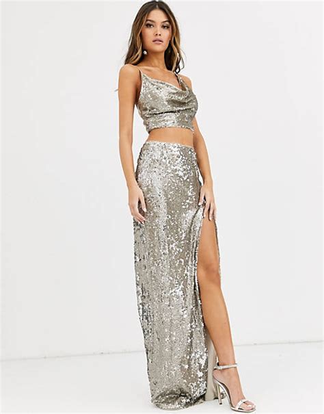 Tfnc Sequin Maxi Skirt With Slit In Silver And Gold Asos