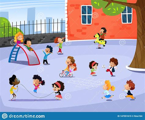 Vector Illustration Of Happy Children Playing In Playground