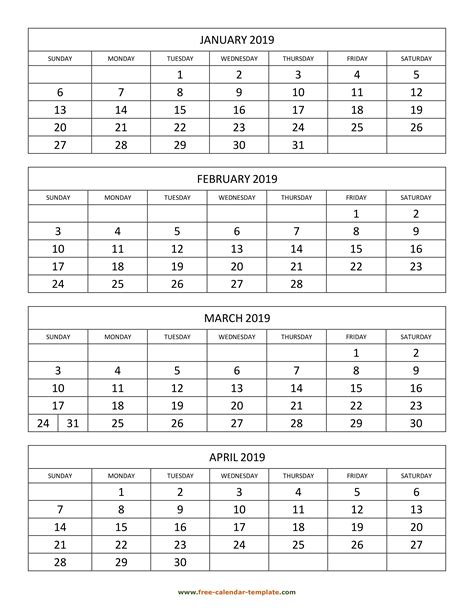Calendar Template 4 Months Per Page Example Calendar Printable