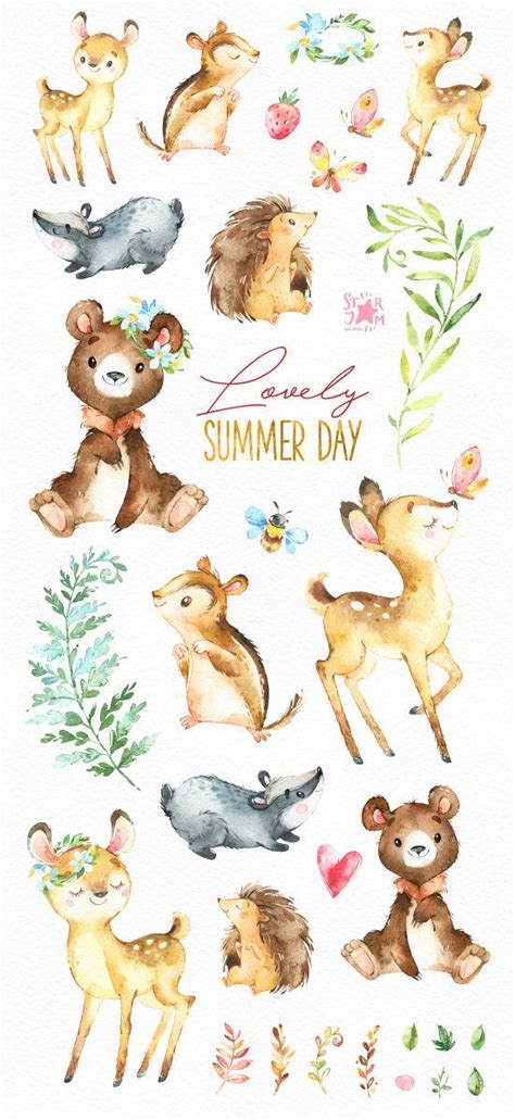 Lovely Summer Day Forest Animals Clip Art Watercolor Chipmunk Roe