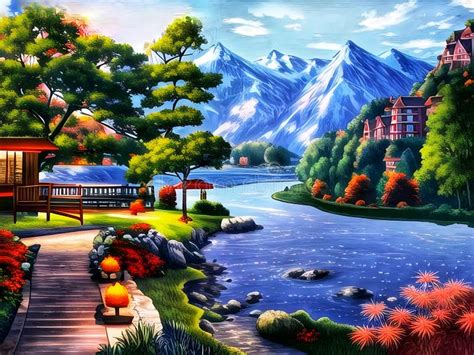 Landscape Painting Mountains River And Houses Beautiful Pictures Of