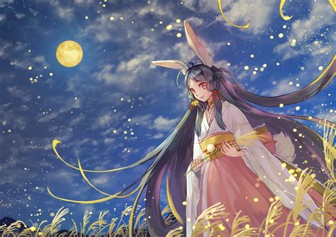 Download 1771x1254 Anime Girl Miko Moon Field Wind