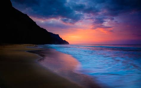 Sea beach sunset, purple and blue sky, clouds, coast wallpaper | nature and landscape ...