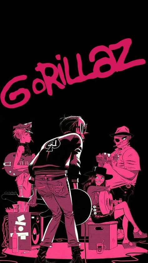 The Poster For Gorillaz Is Shown In Pink And Black