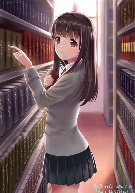 Long Hair Brunette Anime Anime Girls Brown Eyes Library Books Skirt Hd Wallpapers