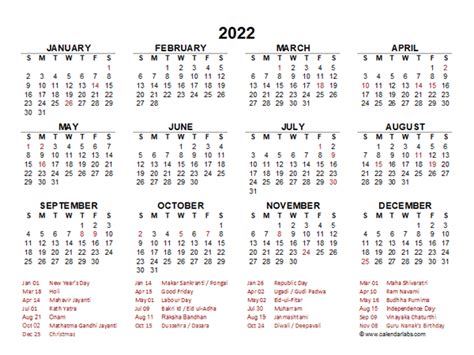 2022 Year At A Glance Calendar With India Holidays Free Printable