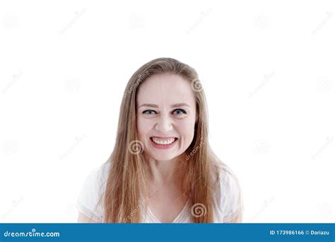 Exited Grinning Woman With Expression On Her Face Close Up Portrait Of