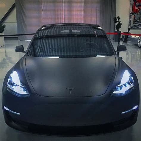 Matte Black Model 3 With Neon Blue Led Headlights Teslamotors