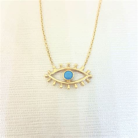 14K Real Solid Yellow Gold Turquoise Evil Eye Pendant Necklace For