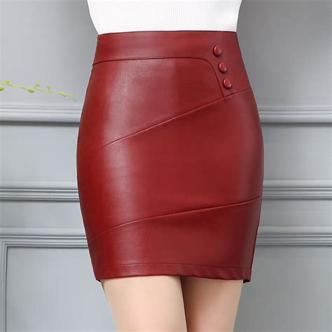 Dwayne High Quality Pu Leather Pencil Skirts Empire Waist Zipper Spring Autumn Black Red Faux