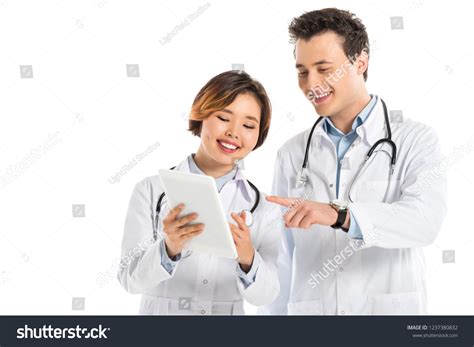 Smiling Female Male Doctors Stethoscopes Using Stock Photo 1237380832