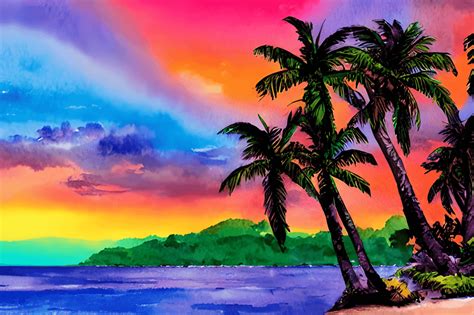 Tropical Sunset Rainbow Island Graphic · Creative Fabrica