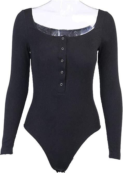 Bodysuits Autumn Winter Knit Rib Casual Bodysuit Square Collar Long Sleeve Single Breasted