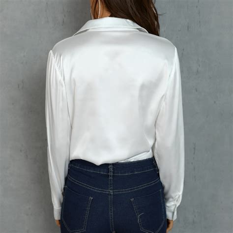 Fashion White Satin Silk Blouse Ladies Casual Long Sleeve Button
