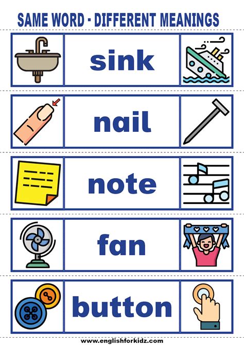English for Kids Step by Step: Vocabulary Cards: Same Word - Different ...