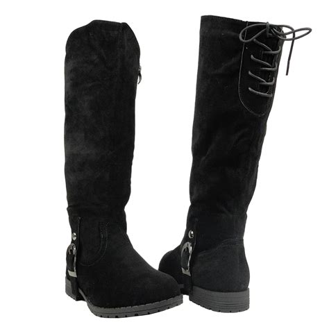 womens mid calf boots suede ankle buckle lace up back black ebay