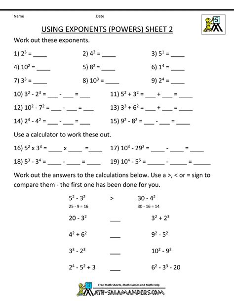 Math Worksheets Exponents Free 5th Grade