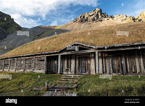 Stokksnes Viking Village Under Vestrahorn Mountain Iceland Stock Photo