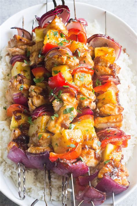 The marinade makes them sweet they key to getting the beautiful color on these in the oven, is to broil them for those last 5 minutes. Baked Hawaiian Chicken Kabobs | Recipe | Hawaiian chicken ...