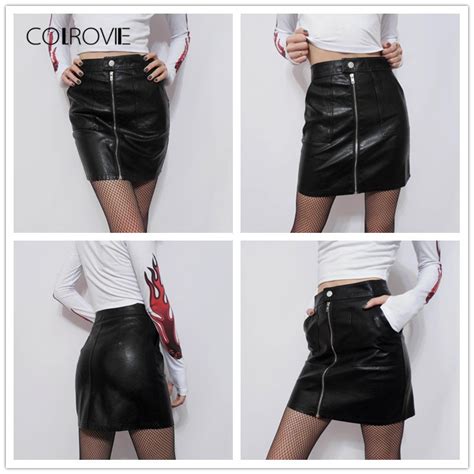 Plain Faux Leather Skirt Black Mid Waist Zip Front Sexy Pu Elegant
