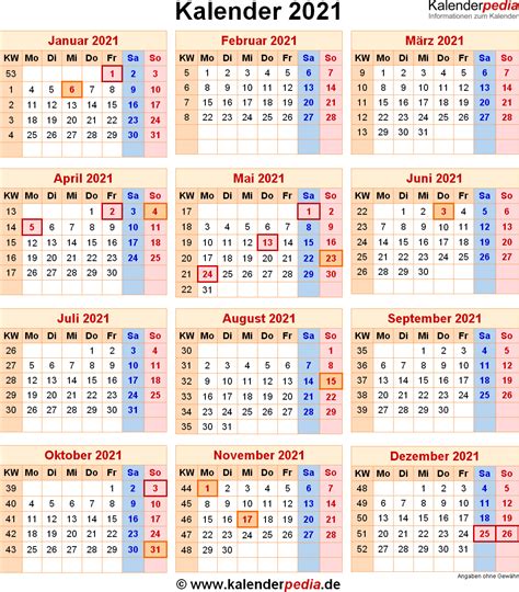 Kalender 2021 Mit Excelpdfword Vorlagen Feiertagen Ferien Kw