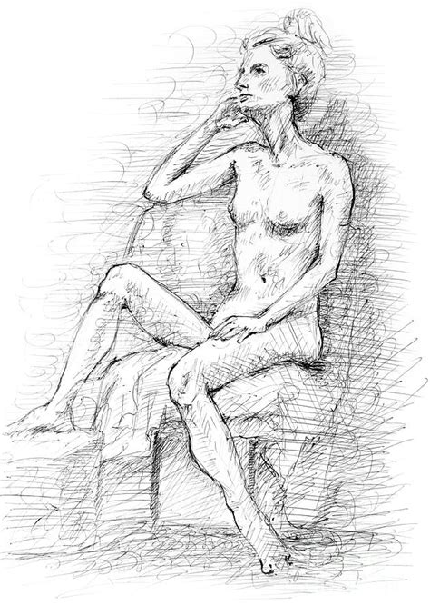 Thoughtful A Pen And Ink Drawing Of Female Nude Drawing By Adam Long