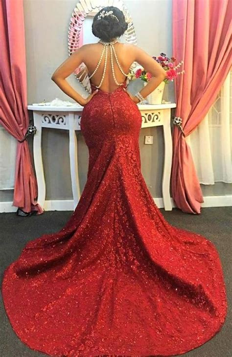 Charming Red Mermaid Lace Backless High Neck Long African American Prom