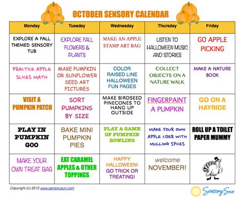 Toddler Lesson Plans For October Weekday Calendar With Sensory