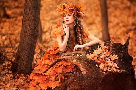 Forest Leaves Girl Wreath Autumn Style Sad Time Hd Wallpaper