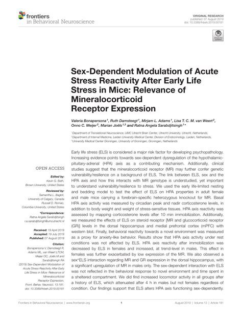 Pdf Sex Dependent Modulation Of Acute Stress Reactivity After Early Life Stress In Mice