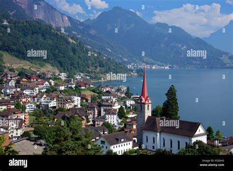 Weggis With St Mary S Church Lake Lucerne Switzeland Stock Photo Alamy