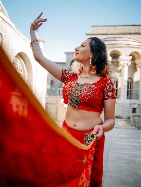 Beautiful Ethnic Indian Saree Young Woman In Red Colorful Sensual