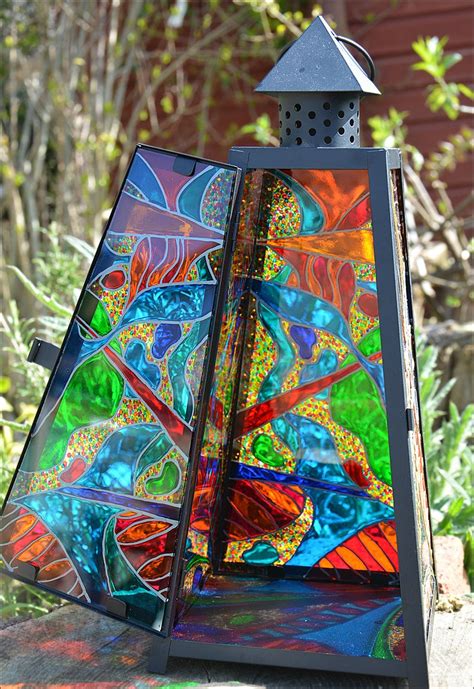 Stained Glass Candle Lantern Hand Painted Abstract Art Etsy