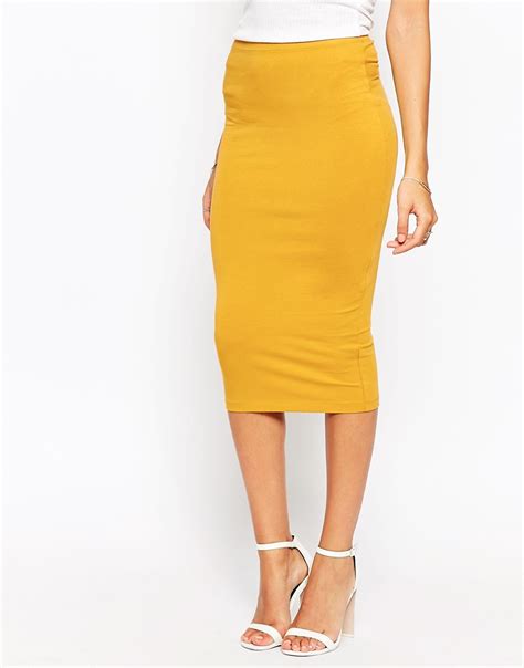Asos Jersey Knee Length Pencil Skirt In Yellow Mustard Lyst