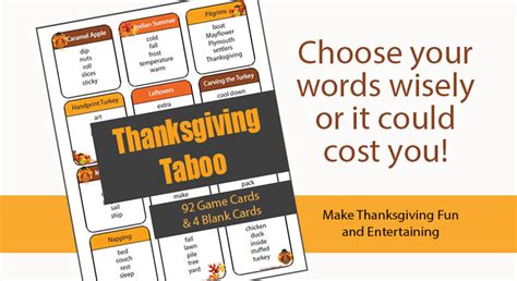 Thanksgiving Taboo 92 Printable Game Cards