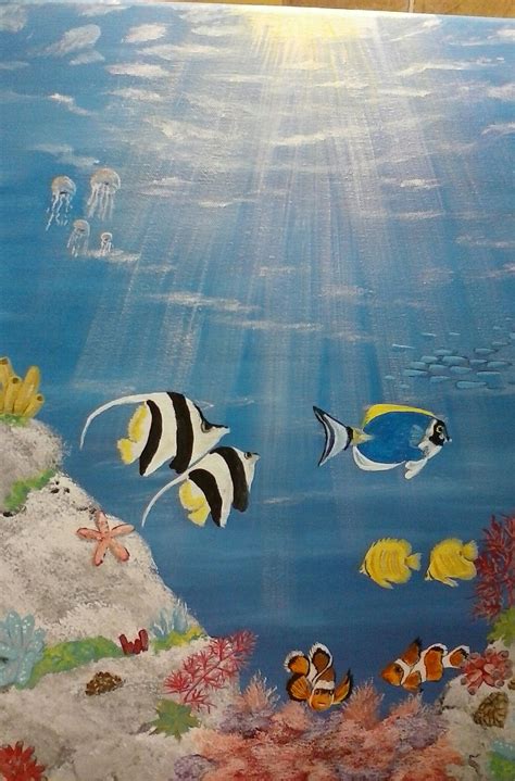 Underwater Ocean Scene With Tropical Fish Acrylics16×20 65 Sea