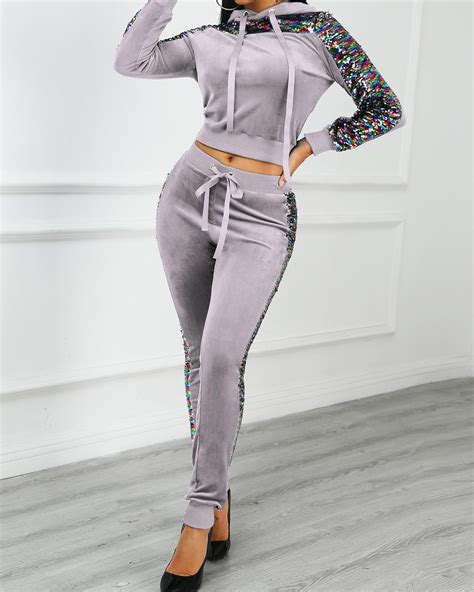 Amazing Contrast Sequin Insert Velvet Hooded Top And Pant Sets Check More