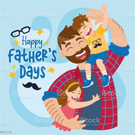 Ilustración De Feliz Papá Con Su Hijo Y Su Hija Día Del Padre Y Más