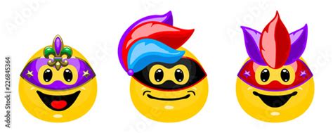 Cute Emoticon In Carnival Mask Smiley In Cartoon Style Isolated On