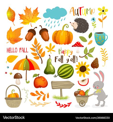 Set Cute Autumn Cartoon Elements Fall Season Vector Image