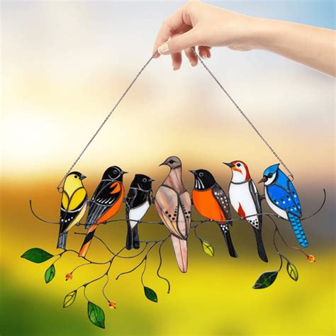 Birds On A Wire Stained Glass Suncatcher Window Panel Multicolor