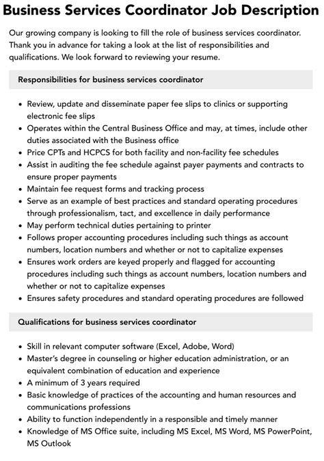 Business Services Coordinator Job Description Velvet Jobs