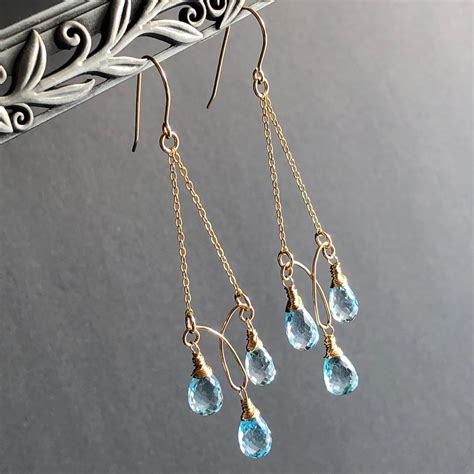 Blue Topaz Chandelier Earrings Kt Gold Filled Wire Wrapped Etsy