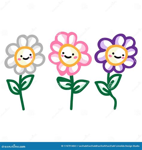 Adorable Three Daisy Flower With Kawaii Expression Clipart Cute Plant
