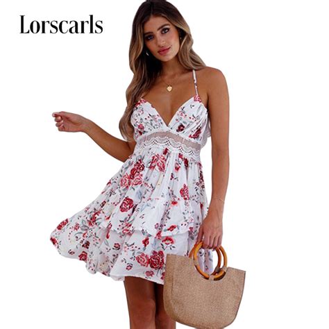 Lorscarls Hollow Out Lace Backless Floral Print Dress Women Lace Up V Neck Strap Sexy Boho