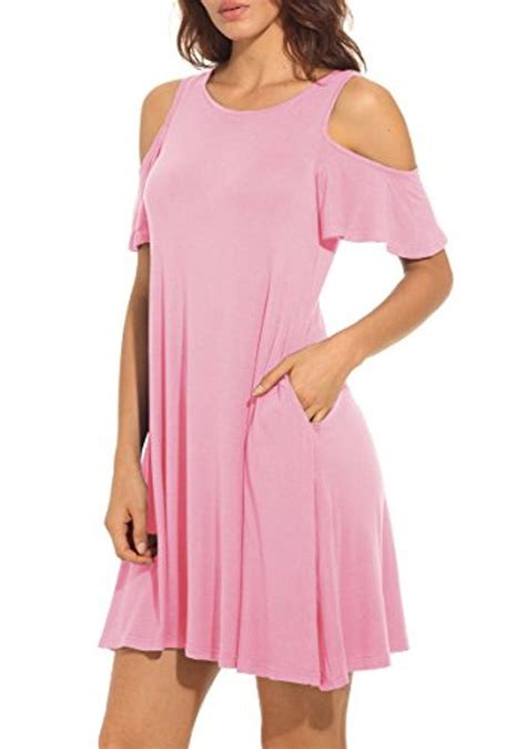 Women S Summer Cold Shoulder Tunic Top Swing T Shirt Loose Dress With Pockets Cold Shoulder